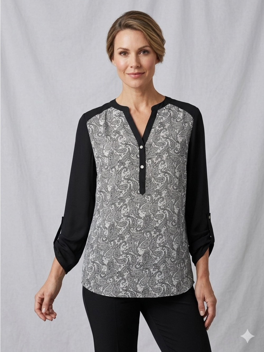 Alfred Sung Black White Paisley V-Neck 3/4 Sleeve Blouse Tunic Top Large. 1897